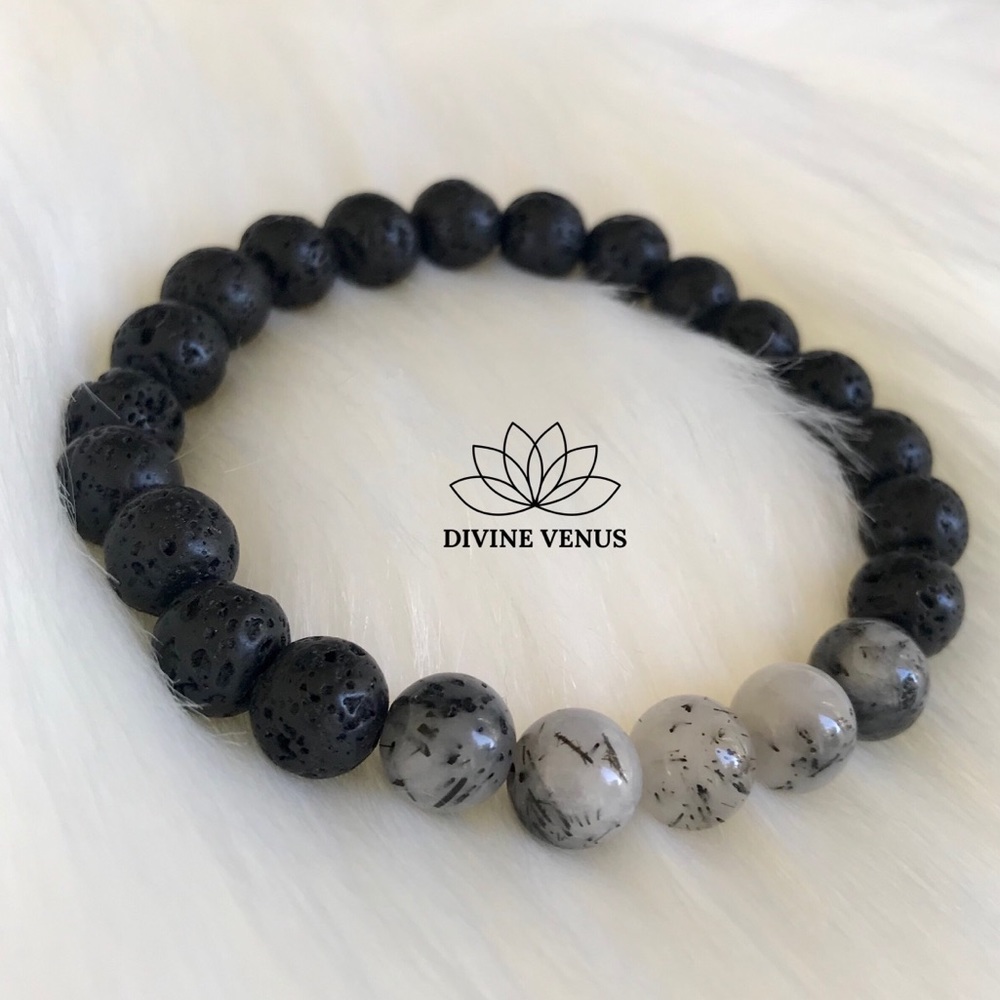 Tourmalinated Quartz x Lava Beads Stretch Bracelet